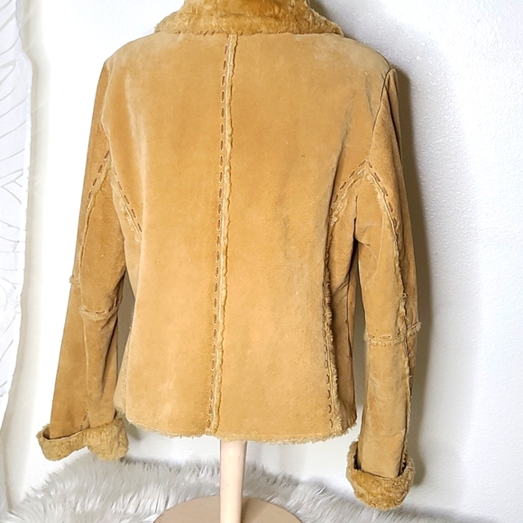 Shearling Leather Jacket Zip Front Size Large Suede Tan Brown Classic Western - Picture 5 of 7